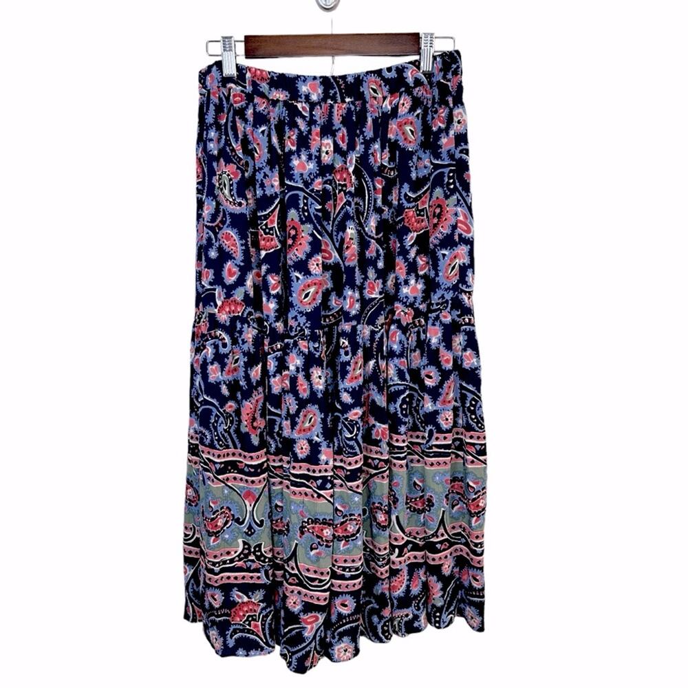 NWT BA&SH Bohemian Niels Gathered Paisley-Print Crepe Blue Midi Skirt Size L - Picture 5 of 13